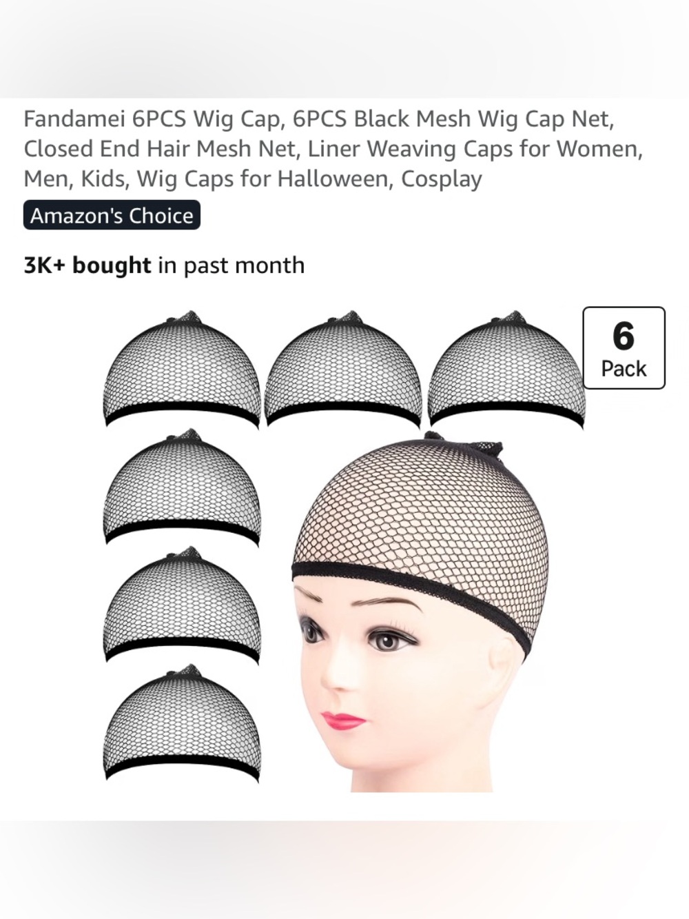 6-Pack Black Wig Caps - Stretch Mesh Net for Women